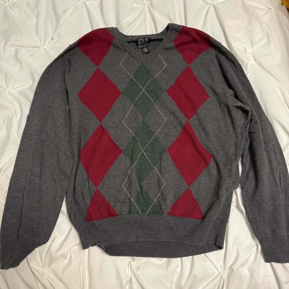 Jos. A. Bank Red and Green Argyle Crewneck Sweater